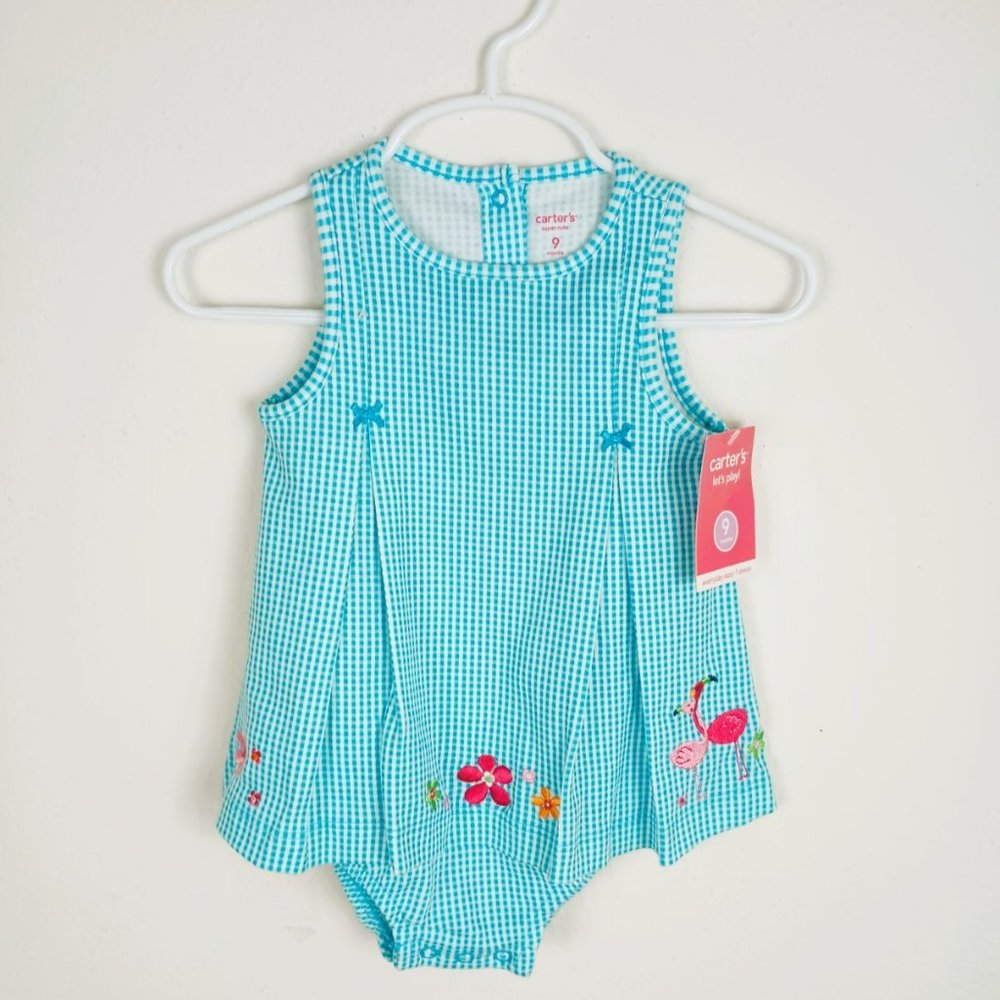 Carters Teal Gingham Romper Size 9M Embroidered Pink Flamingos & Flowers